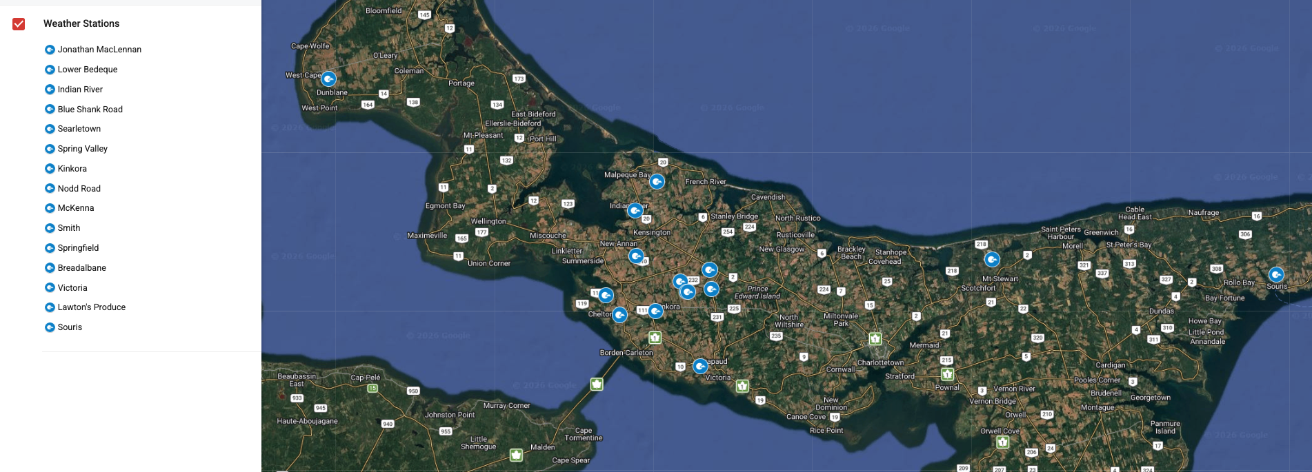 Prince Edward Island station location map showing all station areas